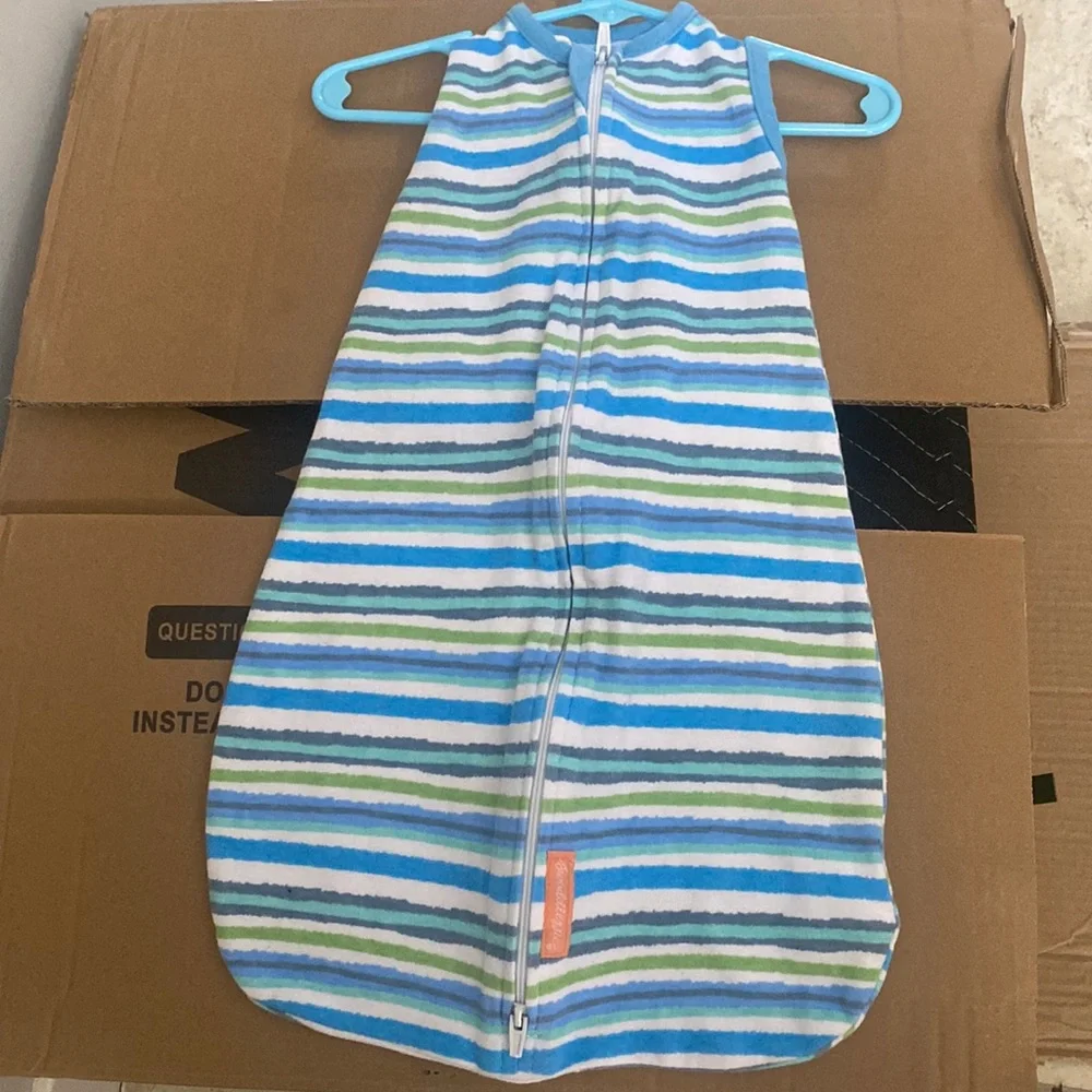 SwaddleMe Sleeveless Blue Green White Striped Zip Up Sleep Sack Swaddle SM